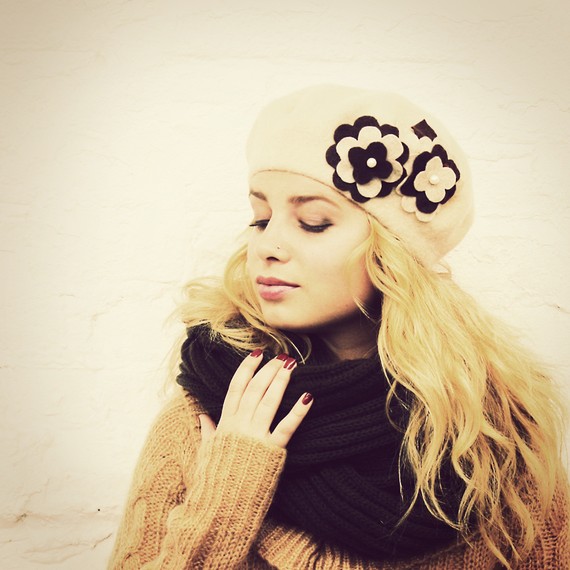 Chocolate Brown Flower Tan Wool Hat Chocolate Brown Flower Tan Wool Hat